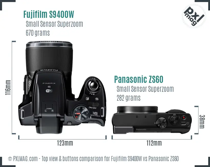 Fujifilm S9400W vs Panasonic ZS60 top view buttons comparison