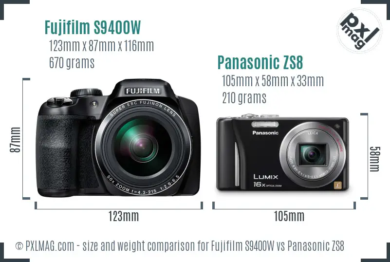 Fujifilm S9400W vs Panasonic ZS8 size comparison