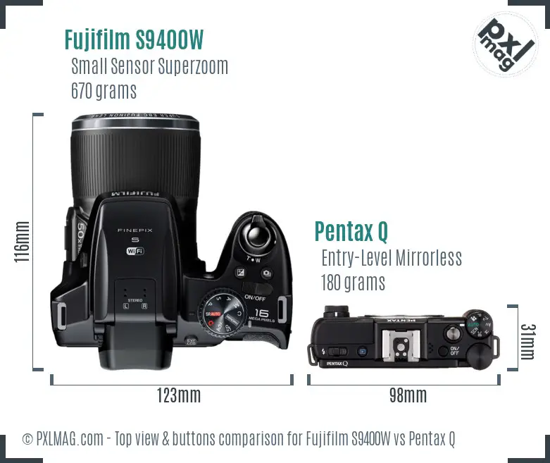 Fujifilm S9400W vs Pentax Q top view buttons comparison