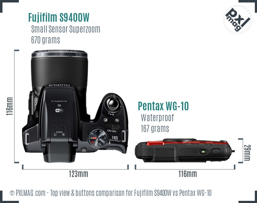 Fujifilm S9400W vs Pentax WG-10 top view buttons comparison