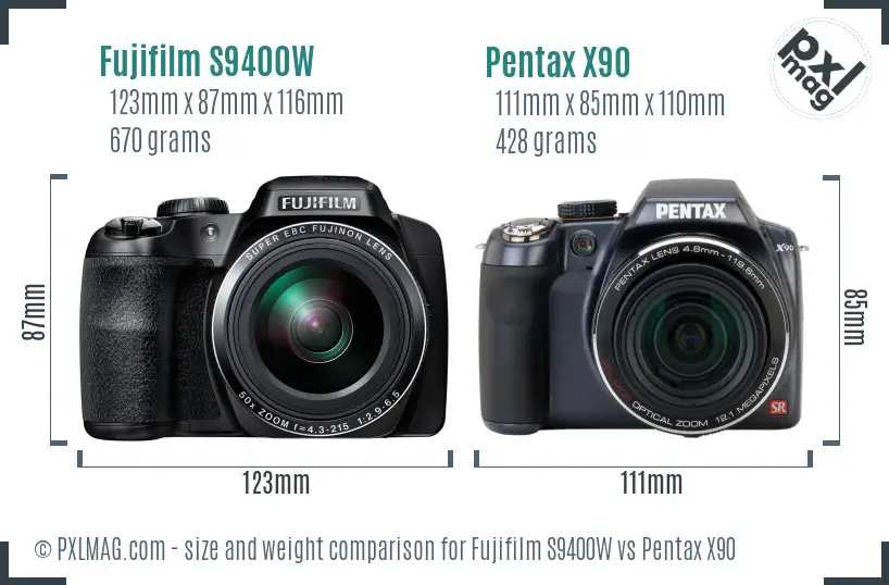 Fujifilm S9400W vs Pentax X90 size comparison