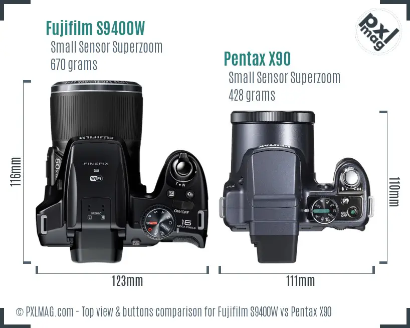 Fujifilm S9400W vs Pentax X90 top view buttons comparison