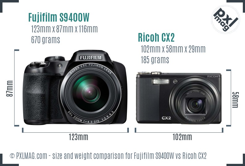 Fujifilm S9400W vs Ricoh CX2 size comparison