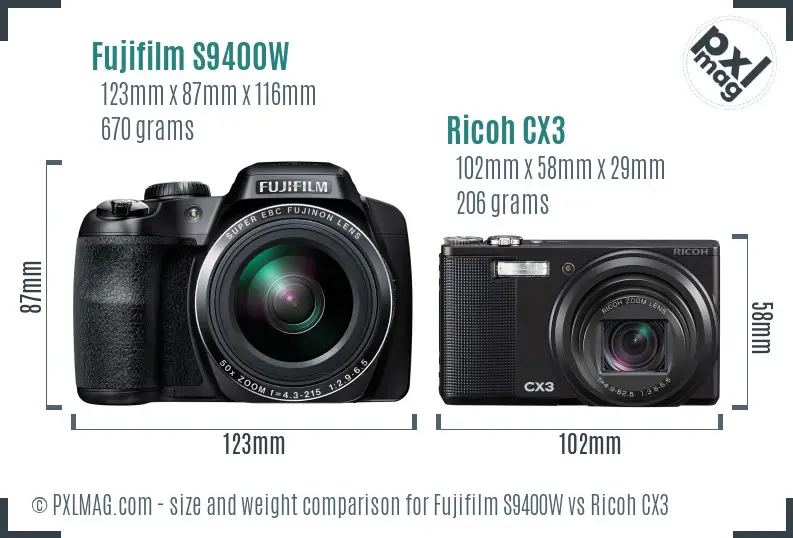 Fujifilm S9400W vs Ricoh CX3 size comparison