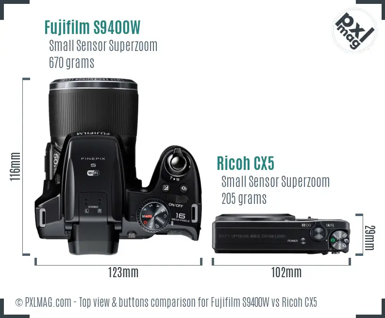 Fujifilm S9400W vs Ricoh CX5 top view buttons comparison