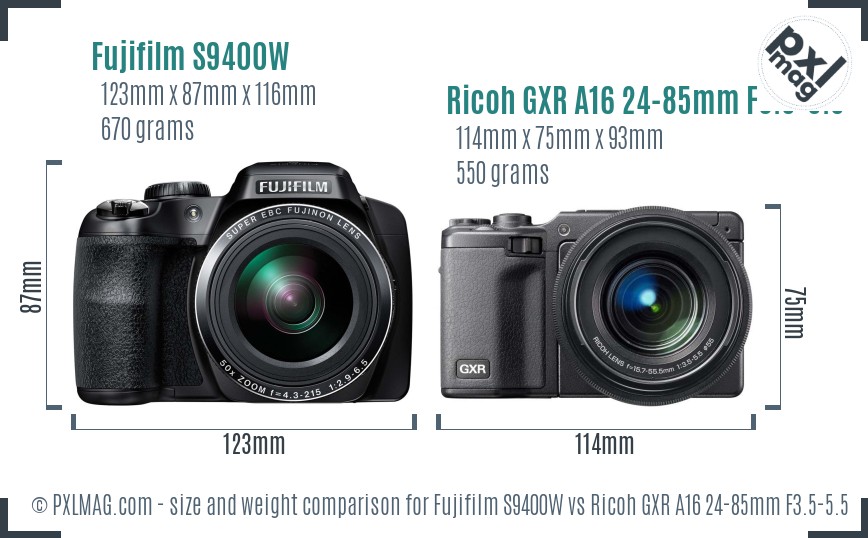 Fujifilm S9400W vs Ricoh GXR A16 24-85mm F3.5-5.5 size comparison