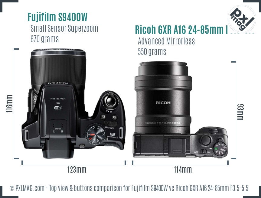 Fujifilm S9400W vs Ricoh GXR A16 24-85mm F3.5-5.5 top view buttons comparison