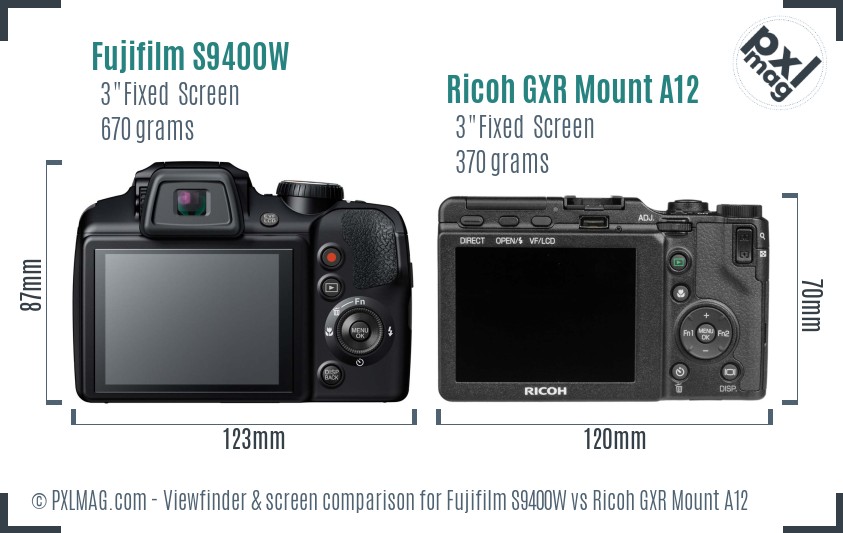 Fujifilm S9400W vs Ricoh GXR Mount A12 Screen and Viewfinder comparison
