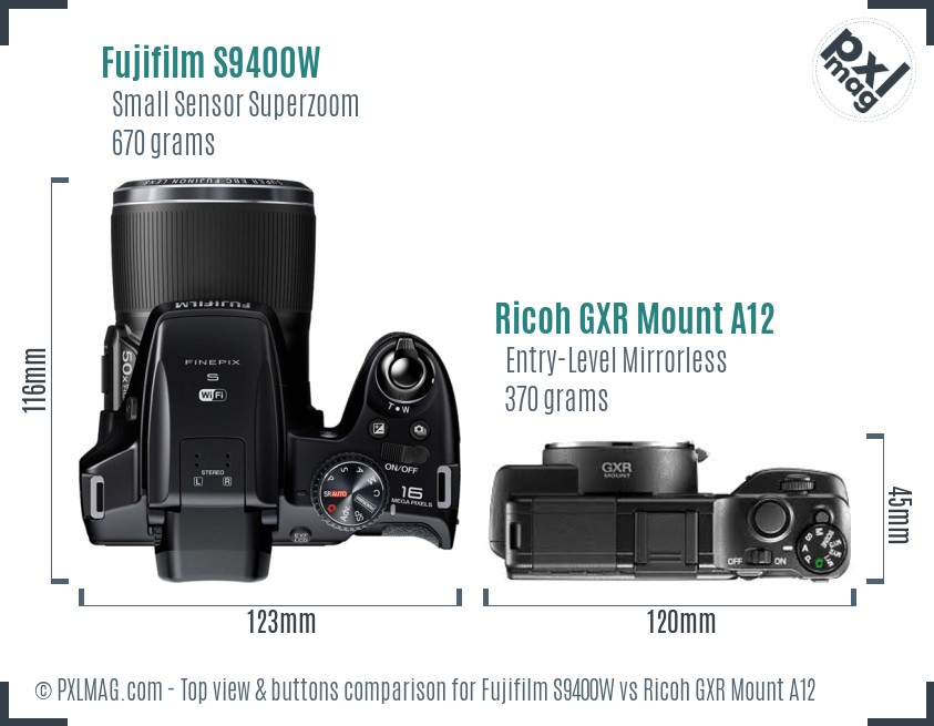 Fujifilm S9400W vs Ricoh GXR Mount A12 top view buttons comparison