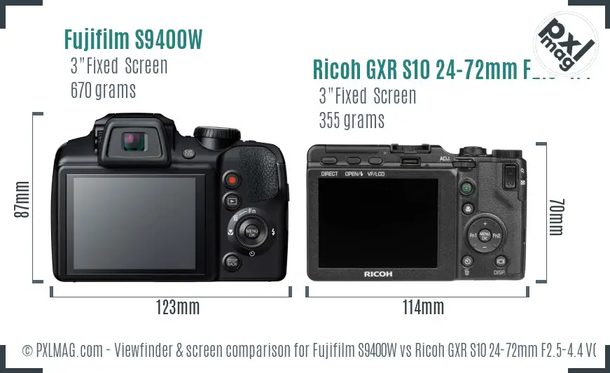 Fujifilm S9400W vs Ricoh GXR S10 24-72mm F2.5-4.4 VC Screen and Viewfinder comparison