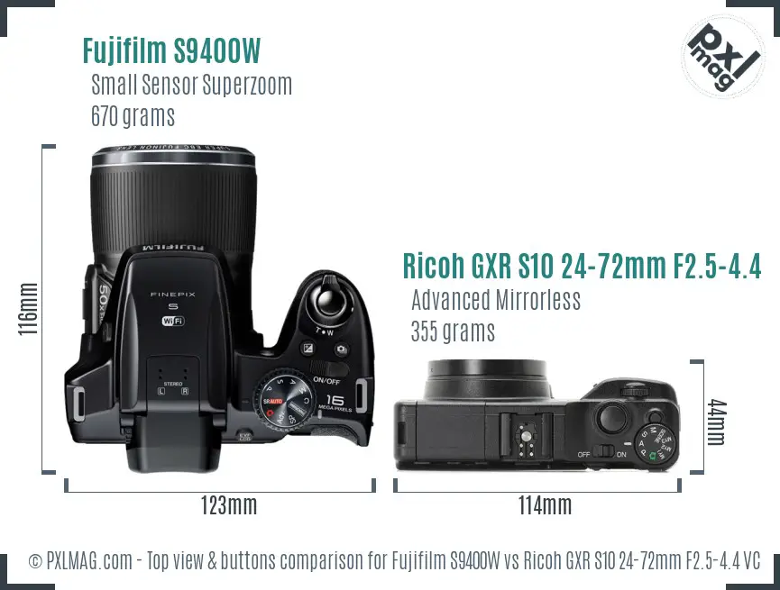 Fujifilm S9400W vs Ricoh GXR S10 24-72mm F2.5-4.4 VC top view buttons comparison
