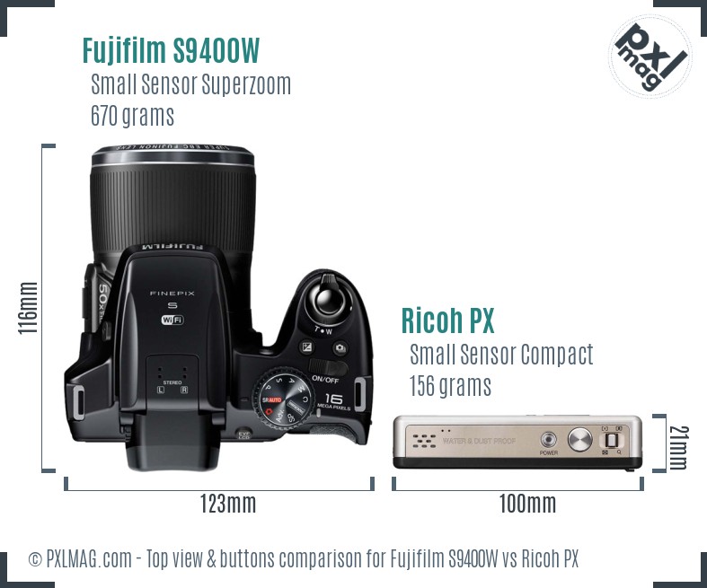 Fujifilm S9400W vs Ricoh PX top view buttons comparison