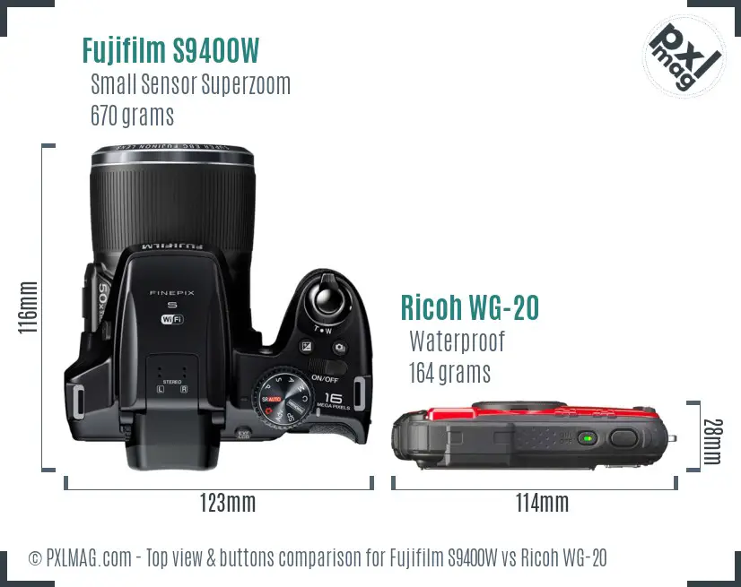Fujifilm S9400W vs Ricoh WG-20 top view buttons comparison Fujifilm S9400W vs Ricoh WG-20 top view buttons comparison