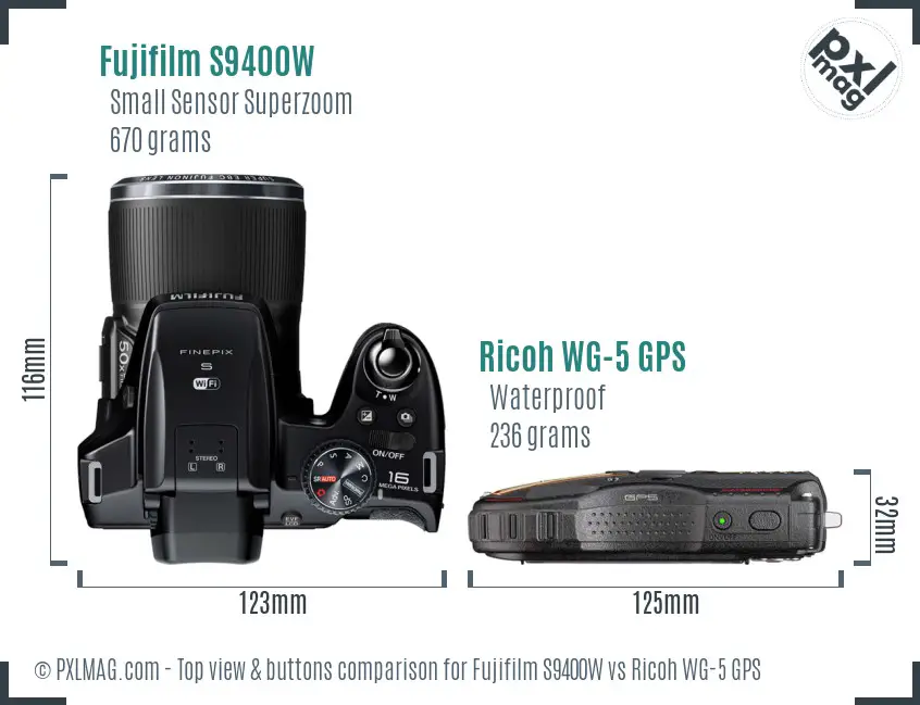 Fujifilm S9400W vs Ricoh WG-5 GPS top view buttons comparison