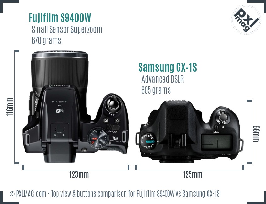 Fujifilm S9400W vs Samsung GX-1S top view buttons comparison