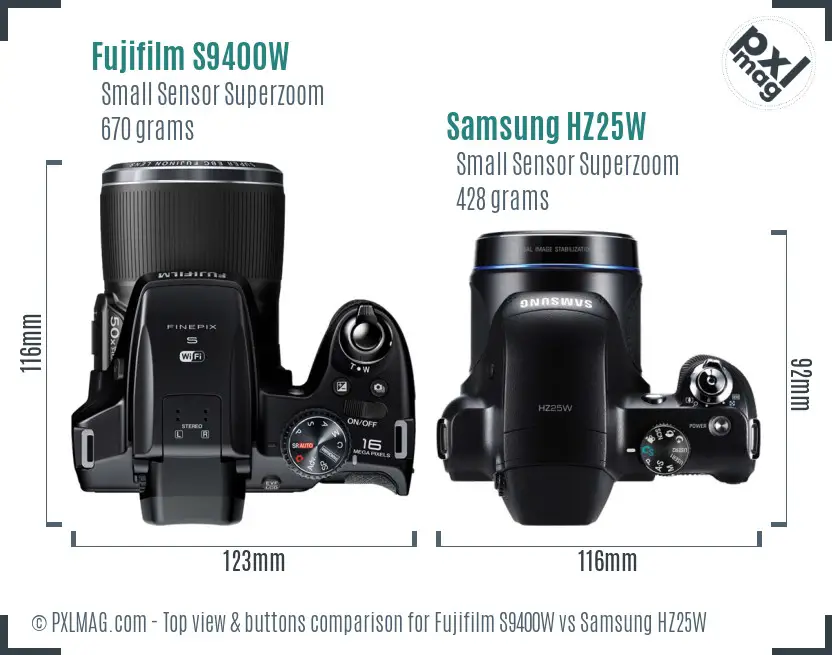 Fujifilm S9400W vs Samsung HZ25W top view buttons comparison