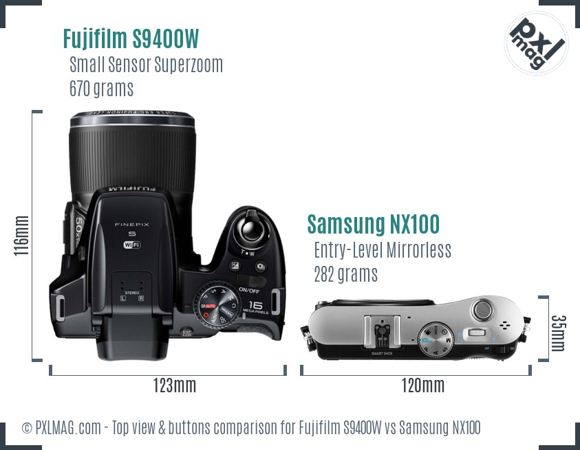 Fujifilm S9400W vs Samsung NX100 top view buttons comparison