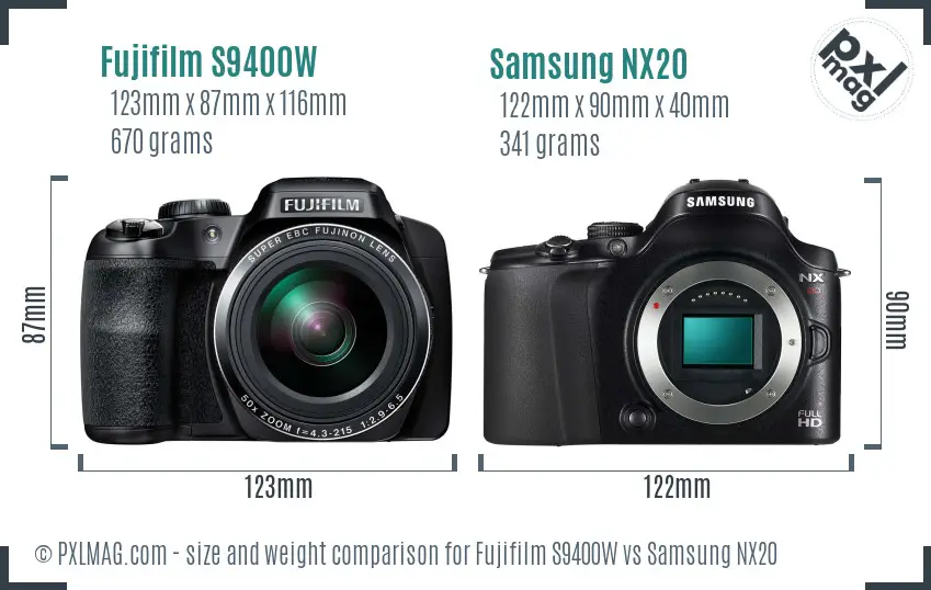 Fujifilm S9400W vs Samsung NX20 size comparison