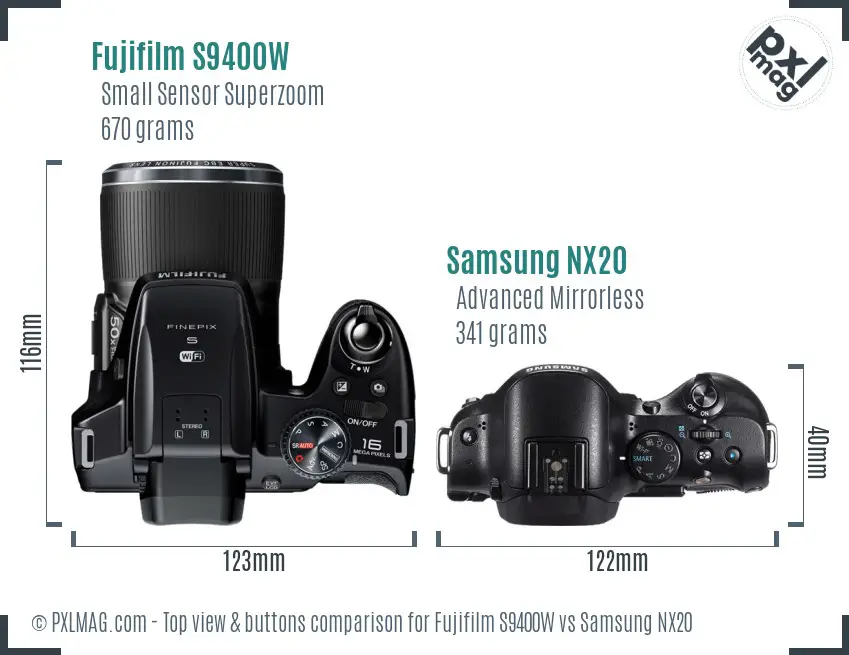 Fujifilm S9400W vs Samsung NX20 top view buttons comparison