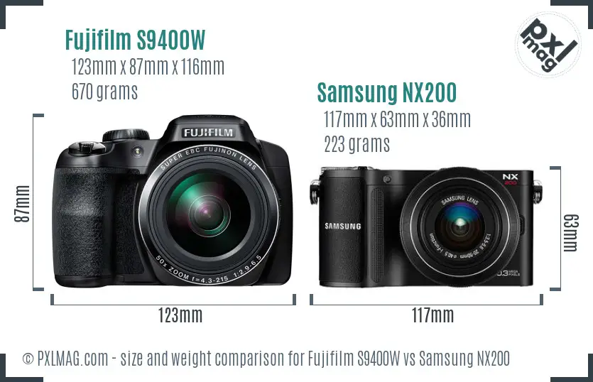 Fujifilm S9400W vs Samsung NX200 size comparison
