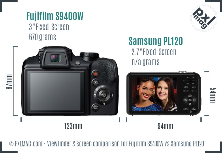 Fujifilm S9400W vs Samsung PL120 Screen and Viewfinder comparison