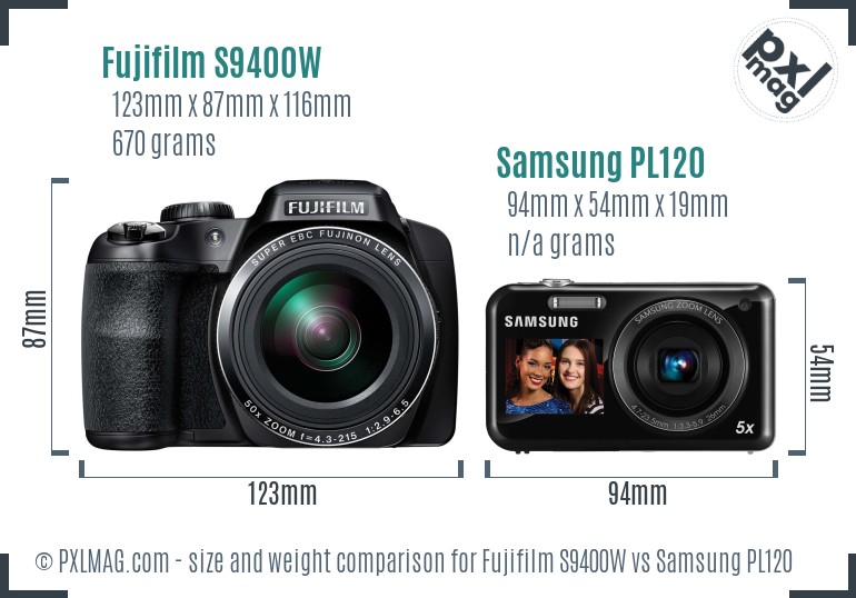 Fujifilm S9400W vs Samsung PL120 size comparison