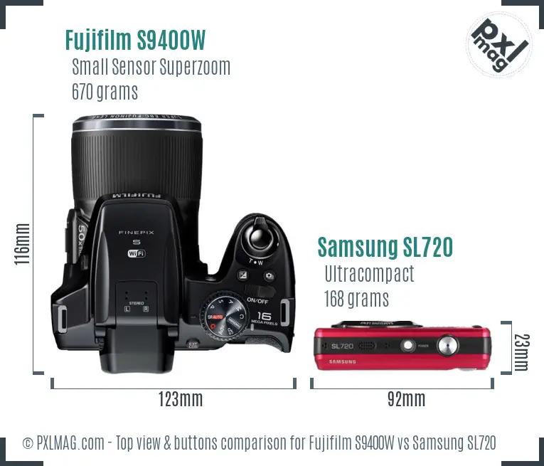 Fujifilm S9400W vs Samsung SL720 top view buttons comparison Fujifilm S9400W vs Samsung SL720 top view buttons comparison