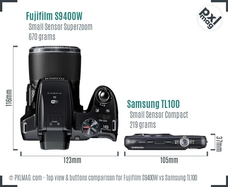 Fujifilm S9400W vs Samsung TL100 top view buttons comparison