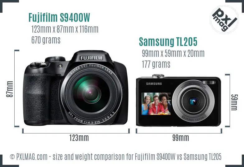 Fujifilm S9400W vs Samsung TL205 size comparison