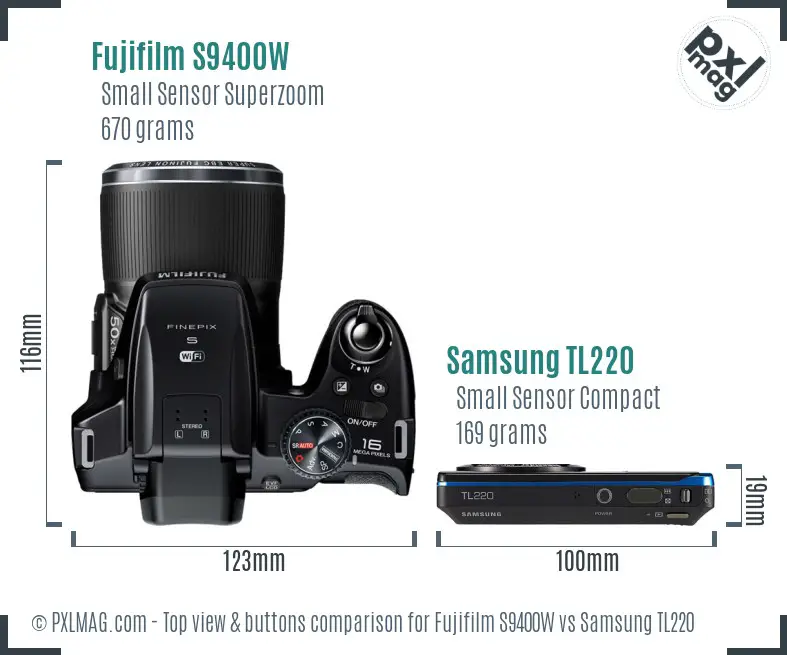 Fujifilm S9400W vs Samsung TL220 top view buttons comparison Fujifilm S9400W vs Samsung TL220 top view buttons comparison