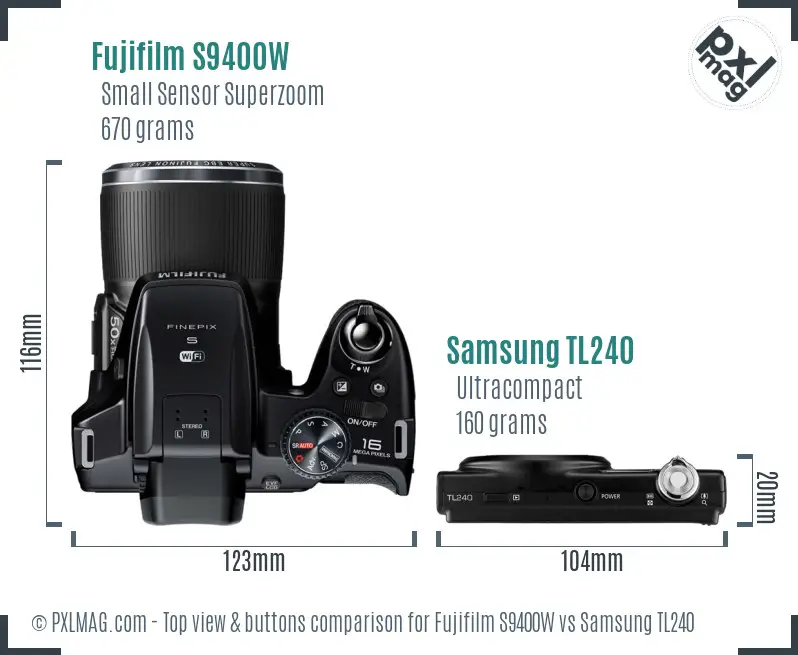 Fujifilm S9400W vs Samsung TL240 top view buttons comparison Fujifilm S9400W vs Samsung TL240 top view buttons comparison