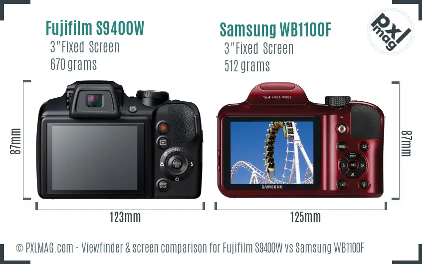 Fujifilm S9400W vs Samsung WB1100F Screen and Viewfinder comparison