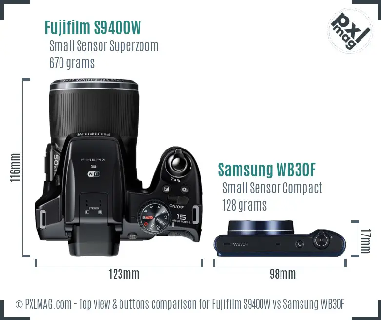Fujifilm S9400W vs Samsung WB30F top view buttons comparison Fujifilm S9400W vs Samsung WB30F top view buttons comparison