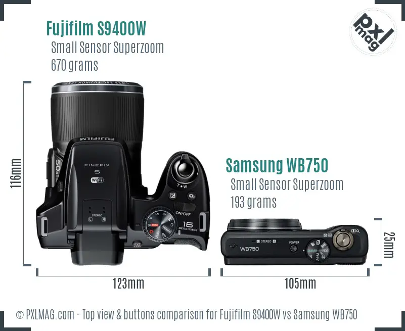 Fujifilm S9400W vs Samsung WB750 top view buttons comparison Fujifilm S9400W vs Samsung WB750 top view buttons comparison