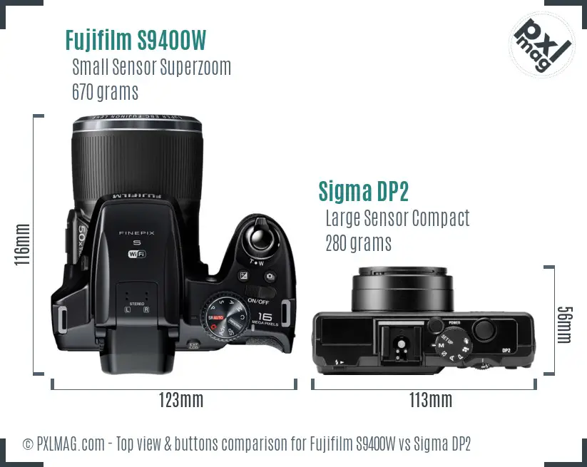 Fujifilm S9400W vs Sigma DP2 top view buttons comparison Fujifilm S9400W vs Sigma DP2 top view buttons comparison