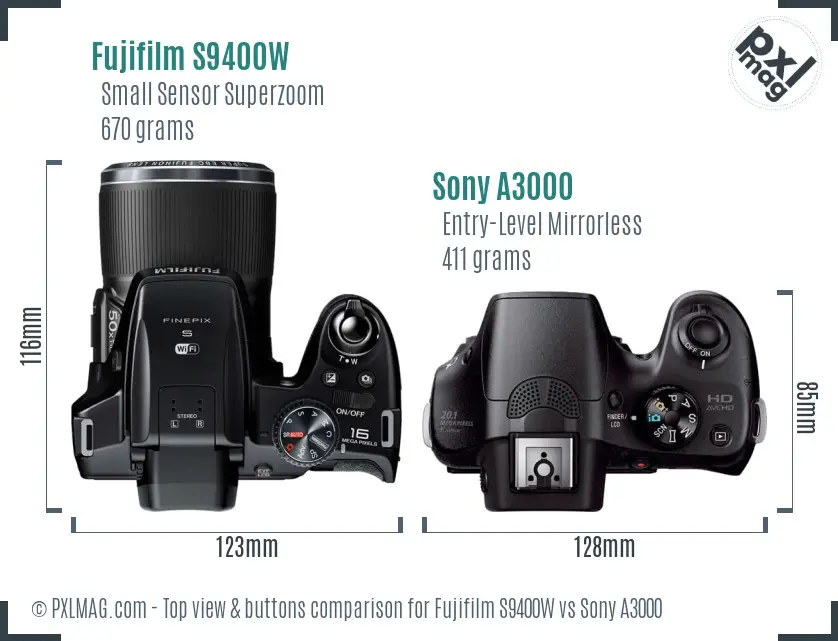 Fujifilm S9400W vs Sony A3000 top view buttons comparison Fujifilm S9400W vs Sony A3000 top view buttons comparison