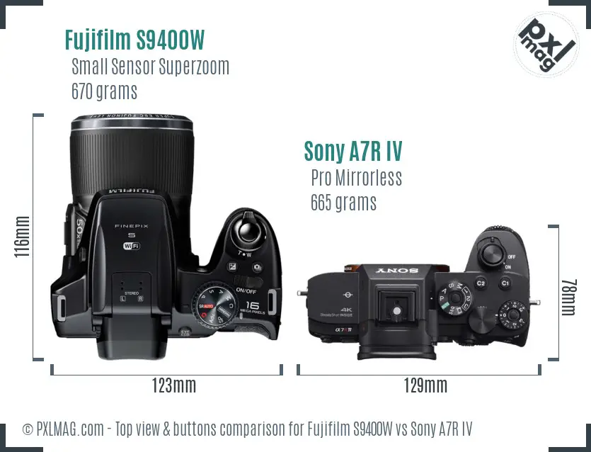 Fujifilm S9400W vs Sony A7R IV top view buttons comparison