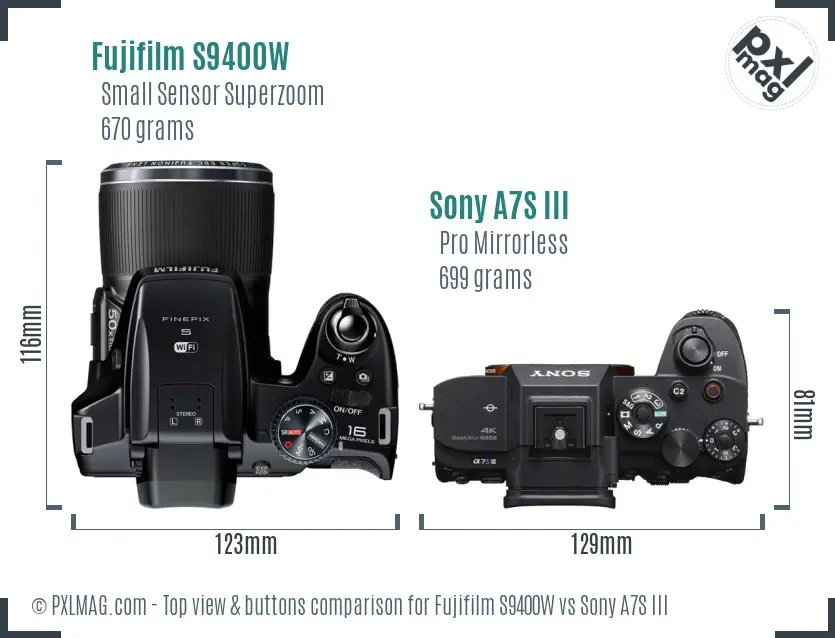 Fujifilm S9400W vs Sony A7S III top view buttons comparison Fujifilm S9400W vs Sony A7S III top view buttons comparison