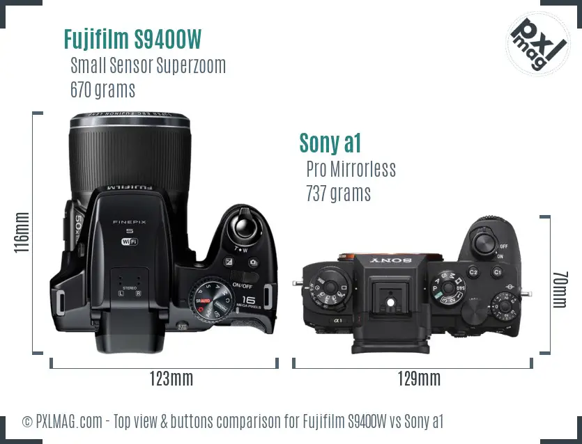 Fujifilm S9400W vs Sony a1 top view buttons comparison Fujifilm S9400W vs Sony a1 top view buttons comparison