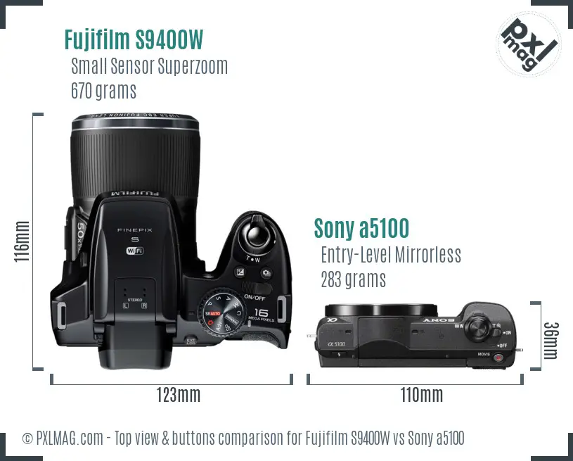 Fujifilm S9400W vs Sony a5100 top view buttons comparison Fujifilm S9400W vs Sony a5100 top view buttons comparison