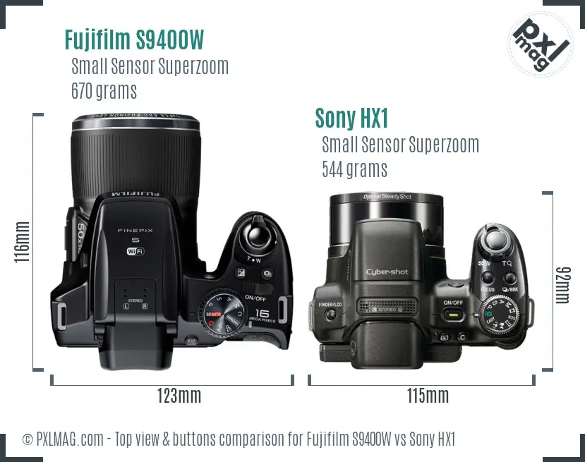 Fujifilm S9400W vs Sony HX1 top view buttons comparison