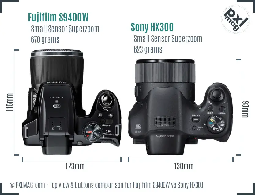 Fujifilm S9400W vs Sony HX300 top view buttons comparison