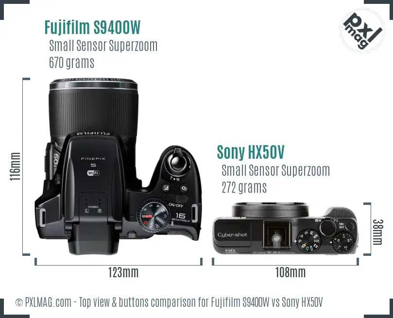 Fujifilm S9400W vs Sony HX50V top view buttons comparison Fujifilm S9400W vs Sony HX50V top view buttons comparison