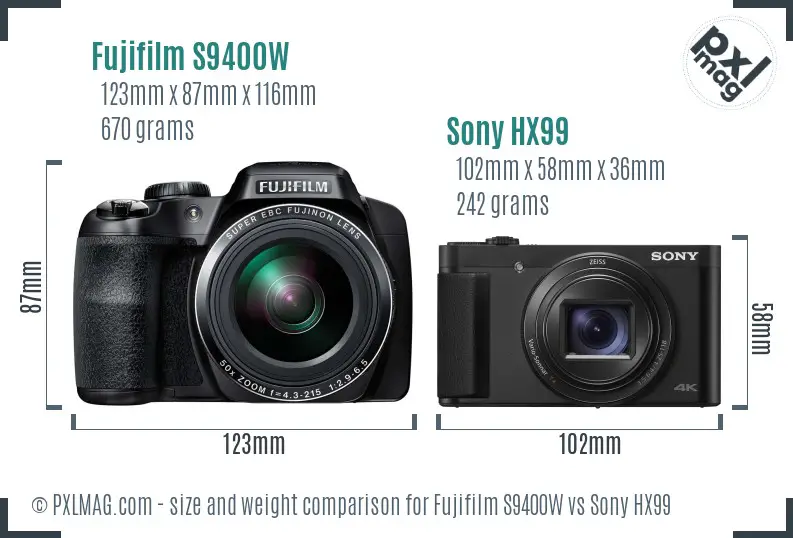 Fujifilm S9400W vs Sony HX99 size comparison