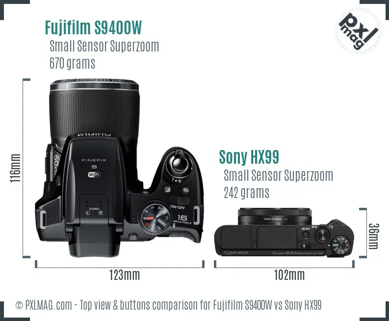 Fujifilm S9400W vs Sony HX99 top view buttons comparison