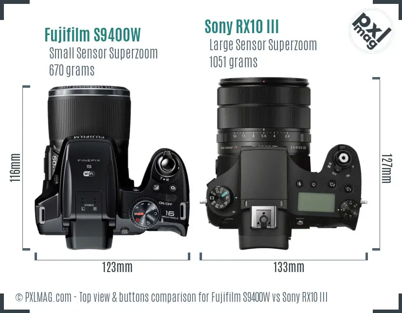 Fujifilm S9400W vs Sony RX10 III top view buttons comparison