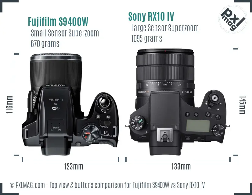 Fujifilm S9400W vs Sony RX10 IV top view buttons comparison