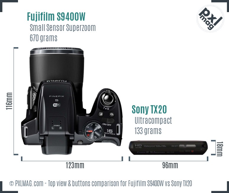 Fujifilm S9400W vs Sony TX20 top view buttons comparison