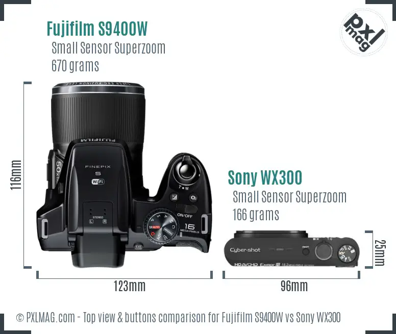 Fujifilm S9400W vs Sony WX300 top view buttons comparison