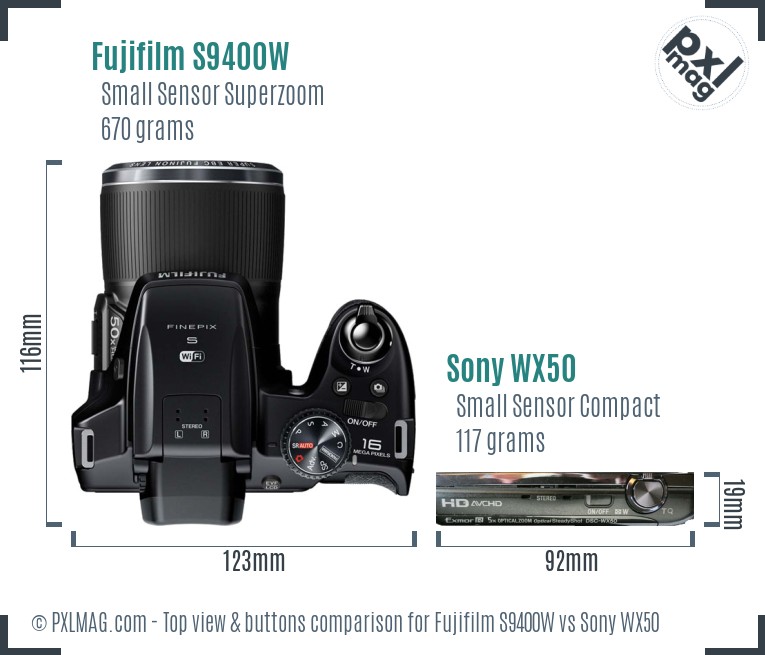 Fujifilm S9400W vs Sony WX50 top view buttons comparison